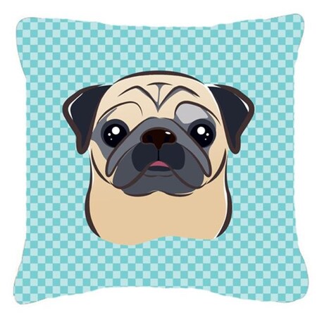 Carolines Treasures Carolines Treasures BB1200PW1414 Checkerboard Blue Fawn Pug Fabric Decorative Pillow; 14 x 14 In. BB1200PW1414